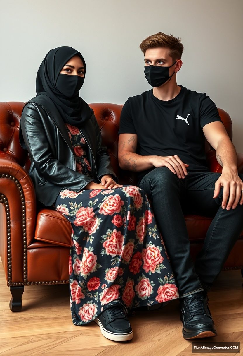 A biggest black hijab girl, slim girl, beautiful eyes, face mask black, black leather jacket, biggest floral long dress, black leather sneaker, sitting on leather single wing sofa, 

Jamie Dornan, youngest, puma black T-shirt, jeans, black leather sneaker, tall man, face mask black, fit body, sitting near her,

hyper realistic, studio photography. - Image