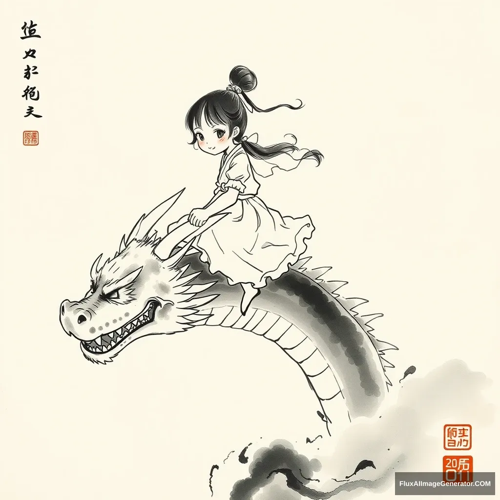 Ink painting, a little girl riding on the dragon's head. - Image