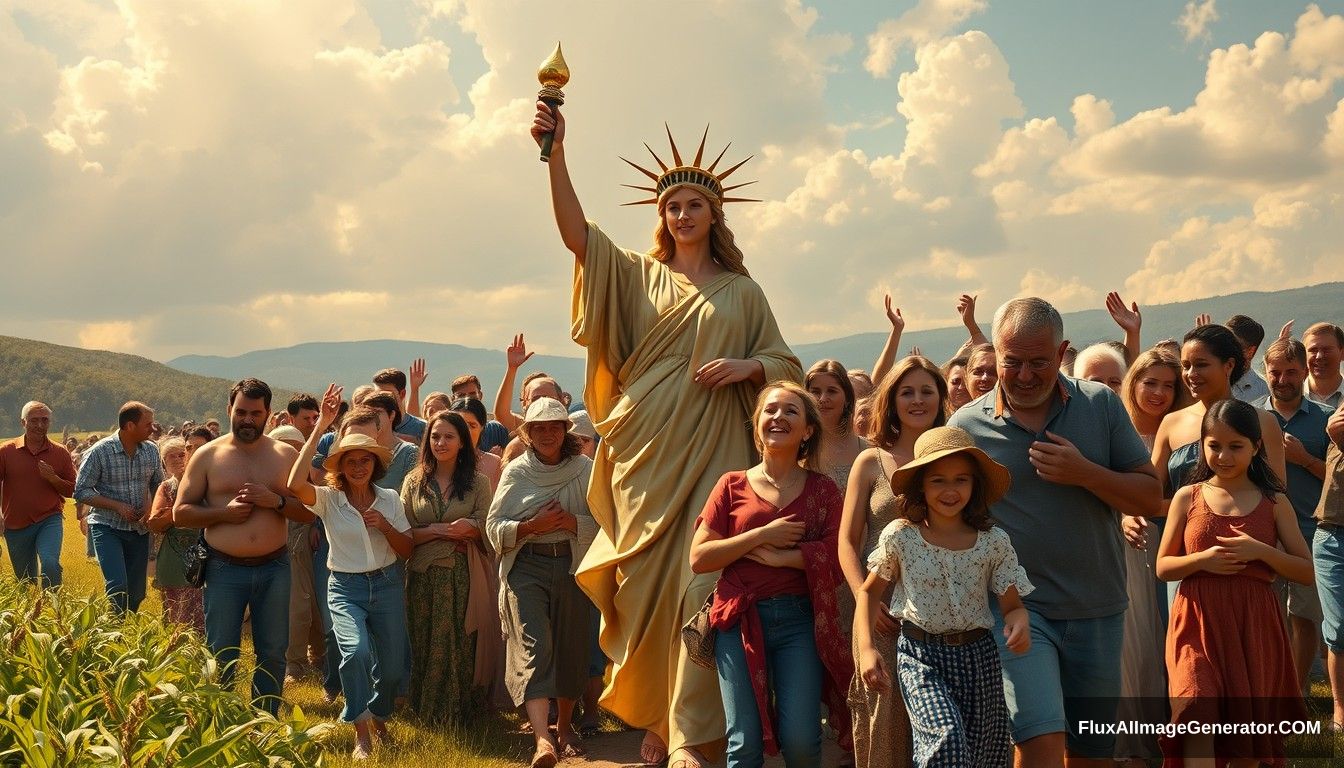 Hyper-realistic style featuring a powerful and inspiring image depicting the concept of blockchain and decentralization. In the foreground, a goddess symbolizing blockchain and decentralization leads the people towards a bright future, reminiscent of the iconic painting 'Liberty Leading the People.' She is surrounded by families and individuals of predominantly European descent who are joyous and supportive, embracing and helping each other. The scene is vibrant and full of hope, capturing the essence of unity, progress, and decentralized, family-based agricultural production. Light shines from the front, illuminating the scene. No robots are present among the people.