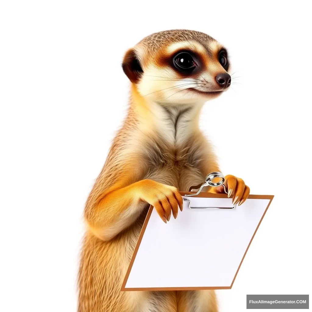 "Create a photo: A meerkat is standing in front of a white background and is holding a clipboard with a pen."