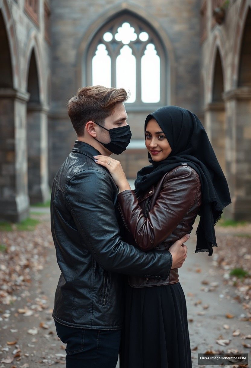 Jamie Dornan's head and body shot, handsome, face mask black, black leather jacket, dating, love hug with the biggest black hijab Muslim girl, not tall, beautiful eyes, face mask, maroon leather jacket, biggest black skirt, hyper realistic, studio photography, full body photo, explore at abandoned castle. - Image