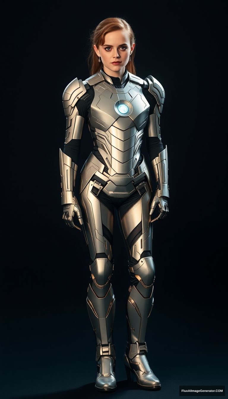 Emma Watson wears Iron Man styled armor, metallic boots. - Image