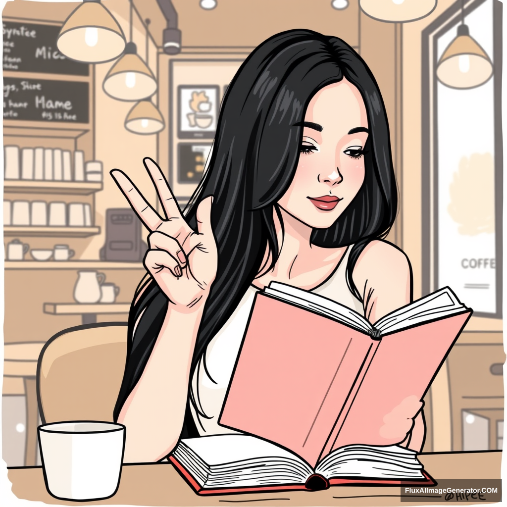 "Please draw a woman reading a book. A woman with long black hair is reading a book in a coffee shop. She is making a hand heart sign with her index and pinky fingers while reading."