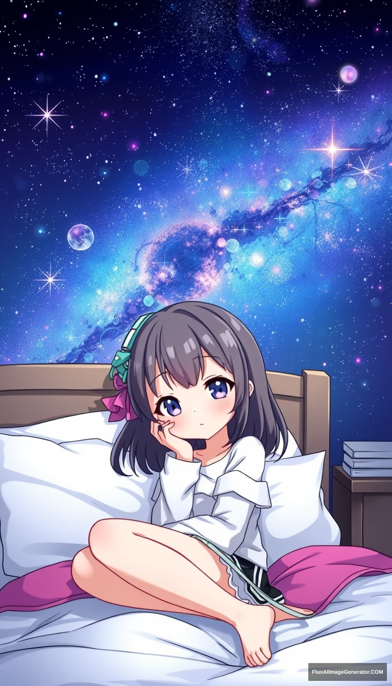 Galaxy anime girl. Kawaii. Random style. On bed. Looking shy.