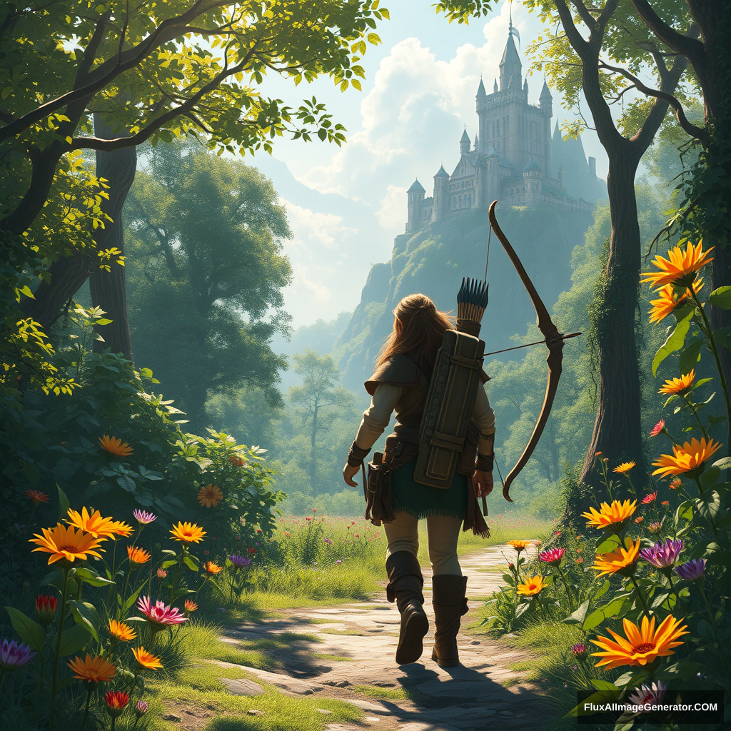 Here is a prompt generated for you about Middle Journey:

In a mysterious and fantastical world, there is a vast and boundless forest. Sunlight filters through the dense leaves, casting dappled shadows. A brave adventurer finds herself amidst it, clad in light leather armor, carrying a massive bow and a quiver of arrows. Her gaze is unwavering, and her steps are steady as she walks down a winding path. On either side of the path, strange flowers bloom in brilliant colors, exuding captivating fragrances. In the distance, an ancient castle stands atop a mountain, shrouded in mist, appearing and disappearing like a mirage. Vines crawl up the castle walls, as if narrating the passage of time. The adventurer quickens her pace, filled with a desire for the unknown and a determination to explore; this is the marvelous scene in Middle Journey. - Image