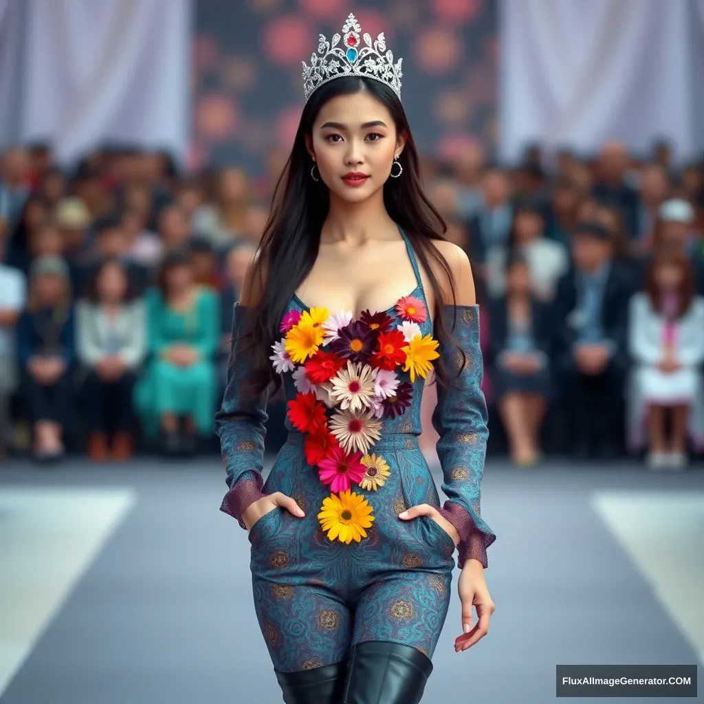 Tang Wei is wearing a jumpsuit styled one-piece (colorful patterned based on blue), a jeweled fancy tiara, and long leather boots. The front of the top is open, showcasing a colorful flower runway, with a defocused background crowd. - Image