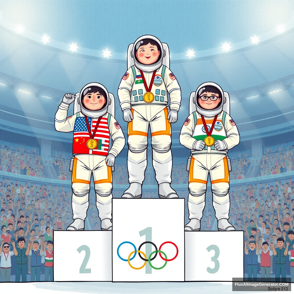 Illustration

Olympic Games Podium
Athletes are in astronauts' spacesuits with their country flags printed on their shoulders.

Top podium with a gold medal around his neck: China astronaut.  
Silver medal on the second podium: USA.  
Third place with a bronze medal is cramped on the podium: three countries - Europe, India, and Japan.

Background: stadium with a cheering crowd.