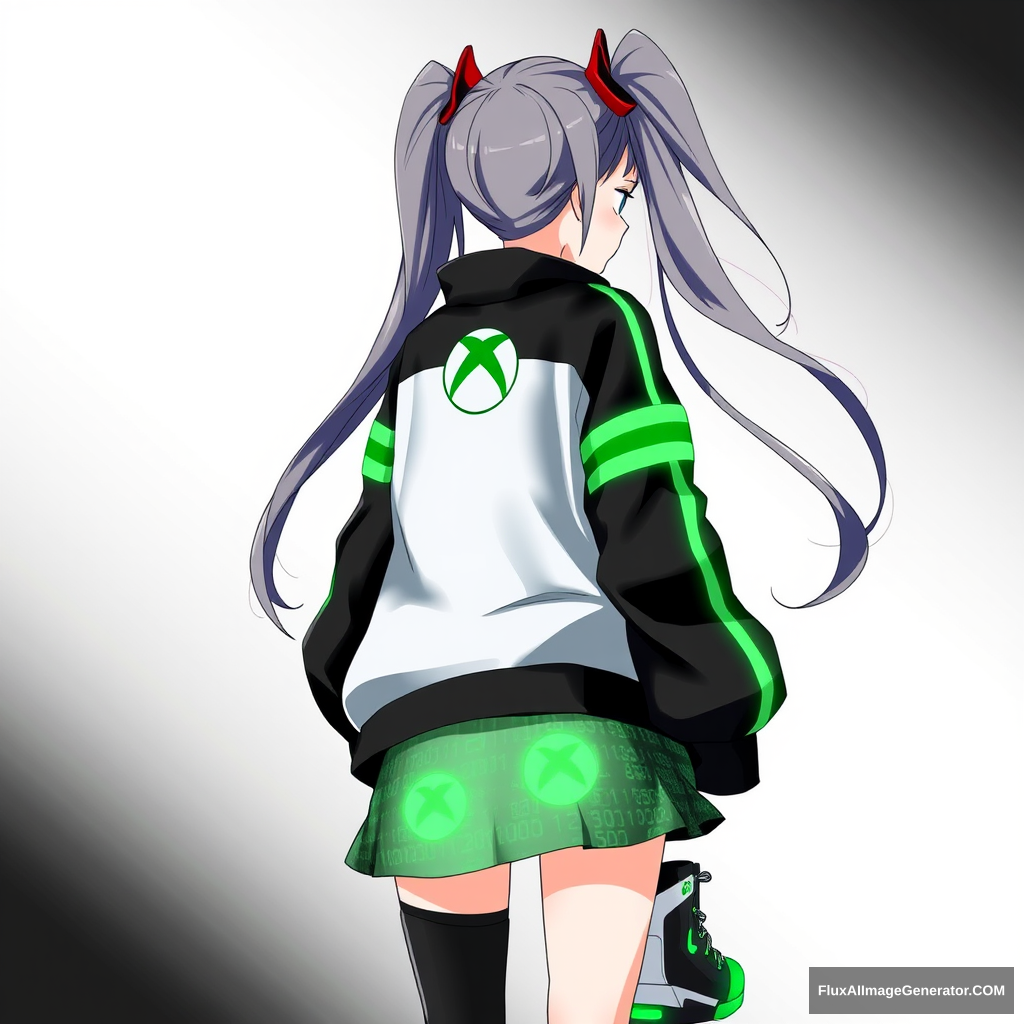 anime girl with long, flowing hair, styled in twin tails, wearing a stylish outfit inspired by Xbox. Her jacket is sleek, black, and green with the iconic Xbox logo on the back. The sleeves have neon-green stripes, and the jacket is slightly oversized, giving it a trendy, streetwear vibe. She wears a matching skirt with a digital pattern resembling an Xbox controller's buttons. Her shoes are high-top sneakers with a glowing green accent. - Image