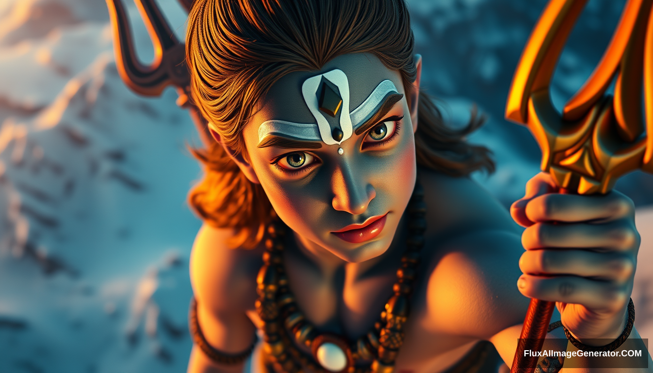 young Mahadev, trident, 3 eyes, evening, snow mountains, bird's eye view, (blue skin), 3D, cinematic lighting