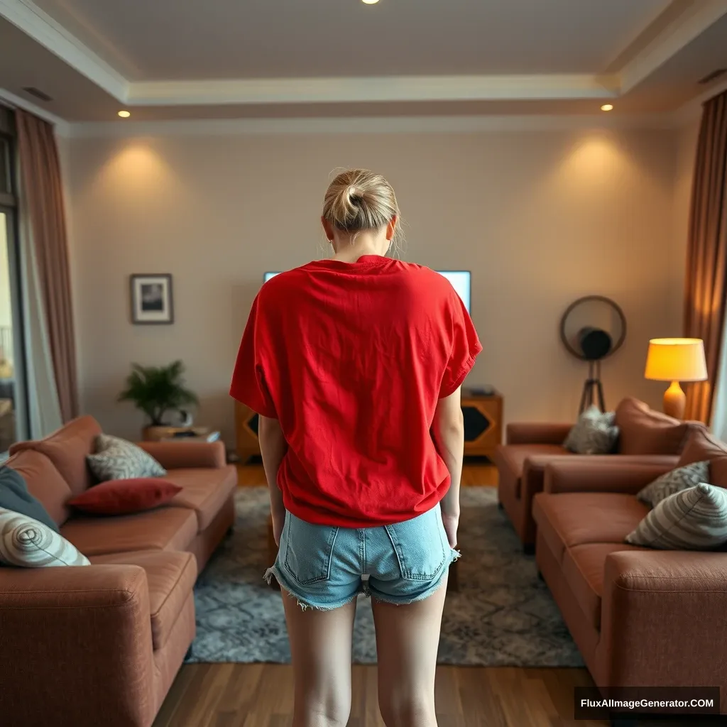 Front view of a young blonde skinny woman in her early twenties in her massive living room, wearing a massively oversized red polo t-shirt that's a bit off balance on one shoulder. The bottom part of her t-shirt is tucked in, and she is wearing light blue denim shorts with no shoes or socks. She faces her TV with a shocked expression and dives into the magical TV.