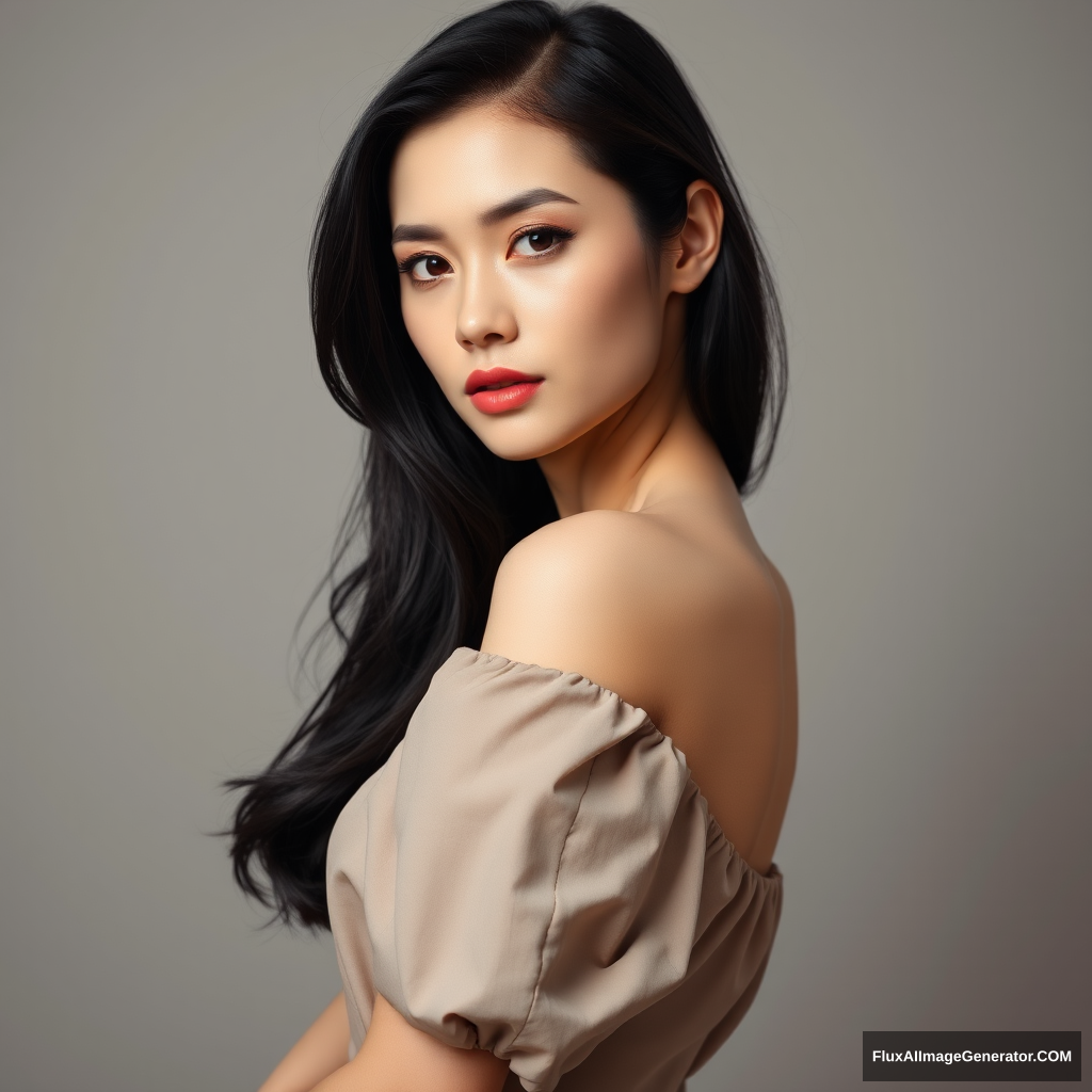 A woman poses in front of a neutral background, with the studio lights casting a charming glow on her porcelain white skin and jet black hair. Dressed in a dress, the camera captures every detail perfectly: the intricate folds of the fabric, subtle curves, and lifelike textures.