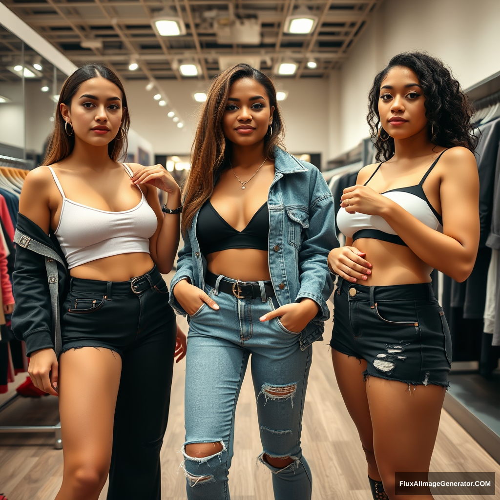 Three skinny, big-breasted female college students, each from different ethnic backgrounds, trying on rave clothing in a store; the camera angle should be slightly looking down from above.