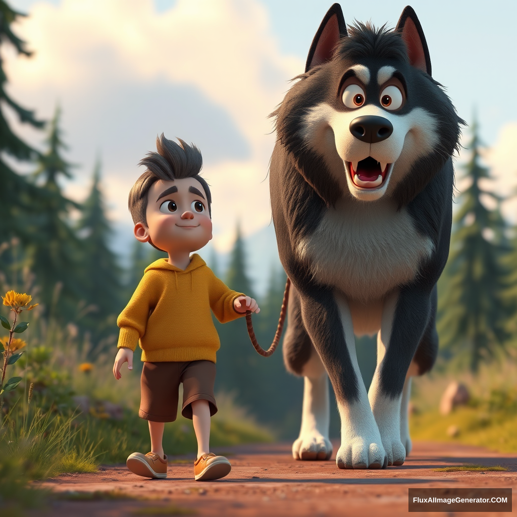 3d Pixar style boy walking with a huge dog