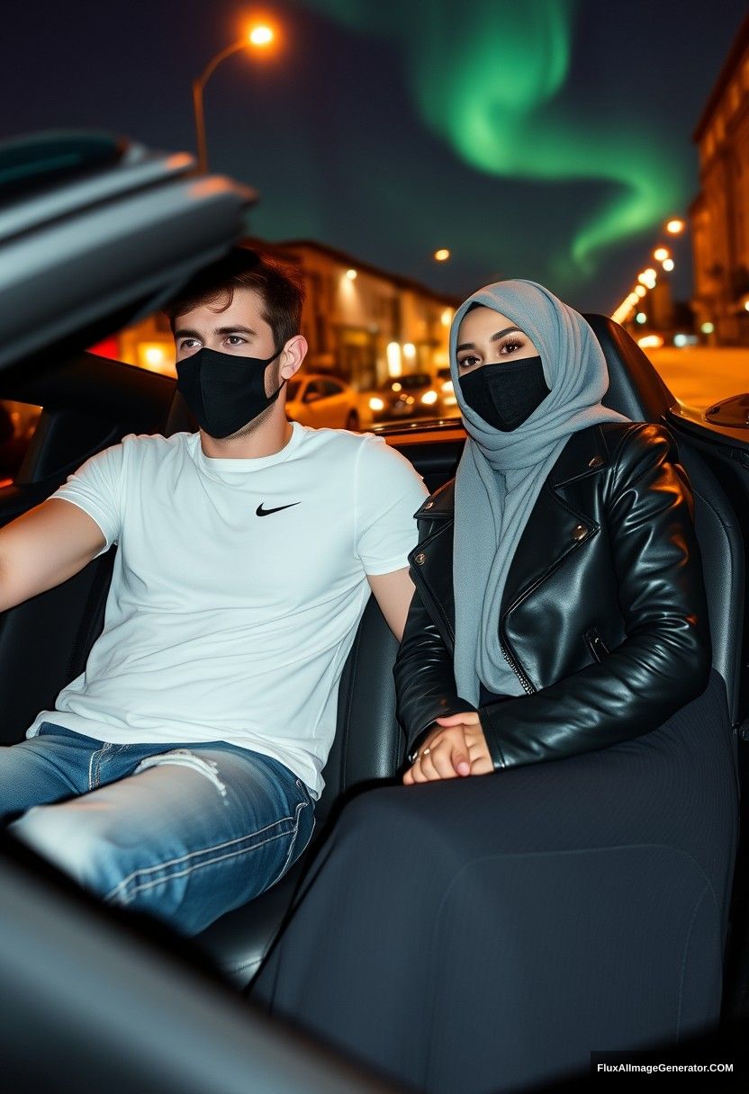 Jamie Dornan, tall, young, wearing a black face mask, a white Nike T-shirt, and jeans, driving a sports car.

Dating romantically with a Muslim girl in a grey hijab, who has beautiful eyes, a black face mask, a leather jacket, and the longest and biggest skirt, not particularly tall.

Sitting in a sports car in town, photorealistic street photography, nighttime scenery, aurora borealis.