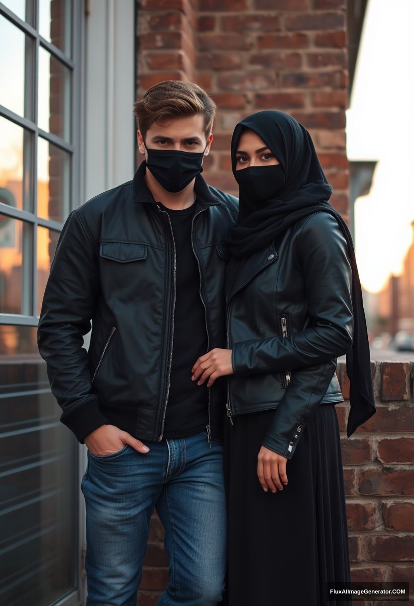 Jamie Dornan, handsome, young, black face mask, collage jacket, jeans, dating a beautiful Muslim girl with the biggest black hijab, beautiful eyes, black face mask, black leather jacket, standing in the biggest skirt, lying against a brick wall, town, morning scenery, sunrise, photorealistic, street photography. - Image