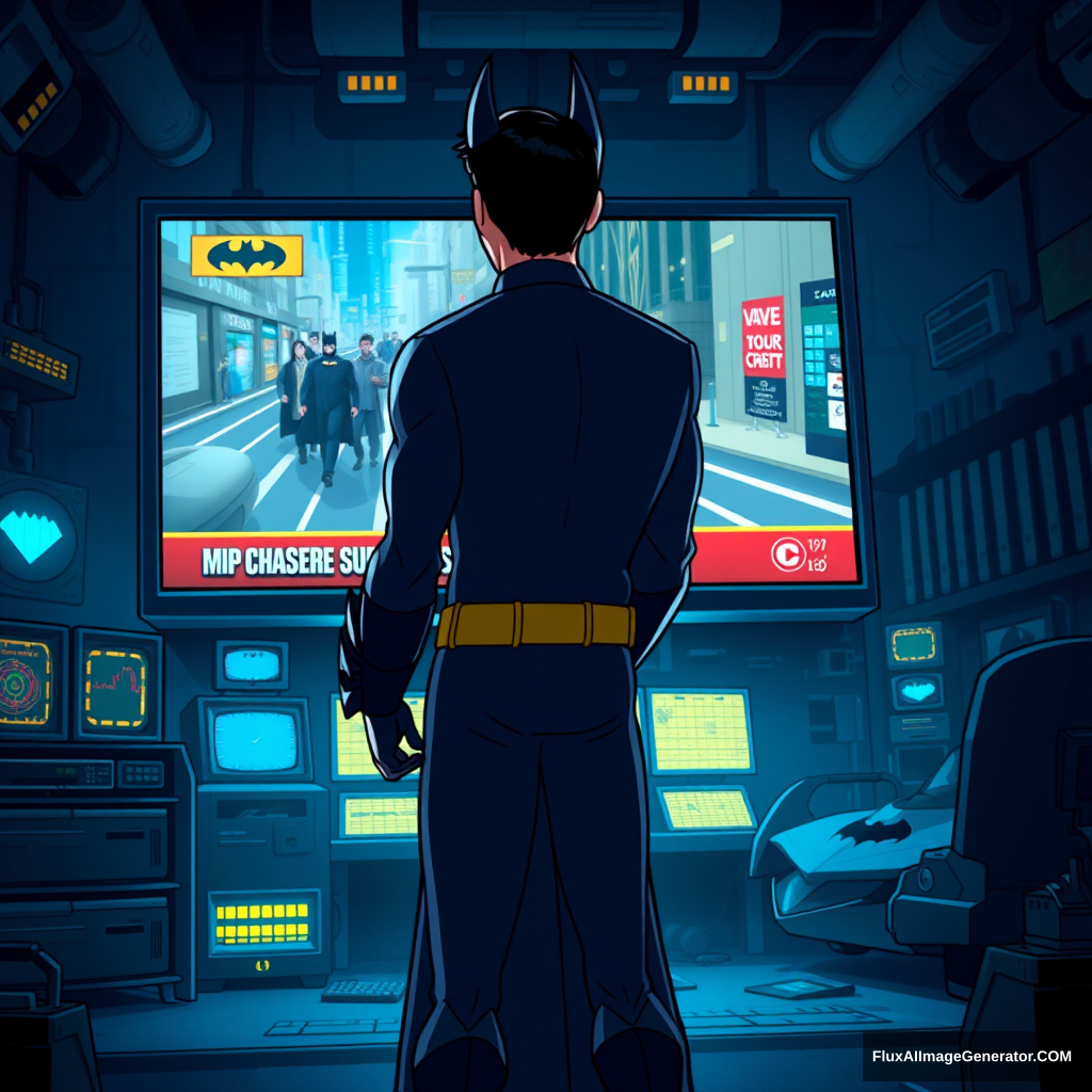 Bruce Wayne, dressed in his signature dark suit, stands in front of a massive computer screen inside the dimly lit Batcave. The screen displays a news broadcast showing mid-chase, pursuing criminals through the city. The Batcave is filled with high-tech gadgets, glowing monitors, and the iconic Batmobile in the background. The scene is depicted in a cartoon animated style, with exaggerated features, vibrant colors, and dynamic lighting that highlights the intensity of the moment. - Image