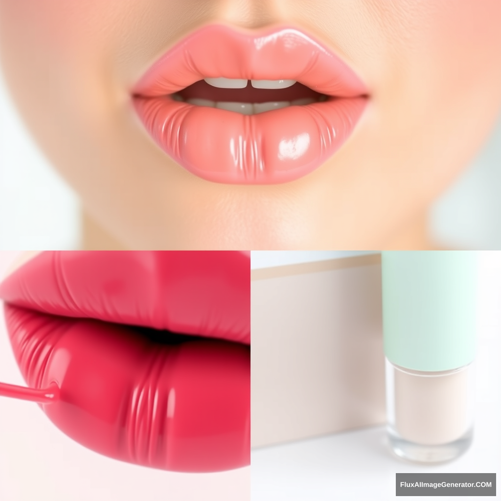 A close-up picture of a woman's lips with pastel-colored lip gloss. Photos of lip gloss commercials. 4-cut split photo. Place lip photos with lip gloss of different colors for each cut. - Image