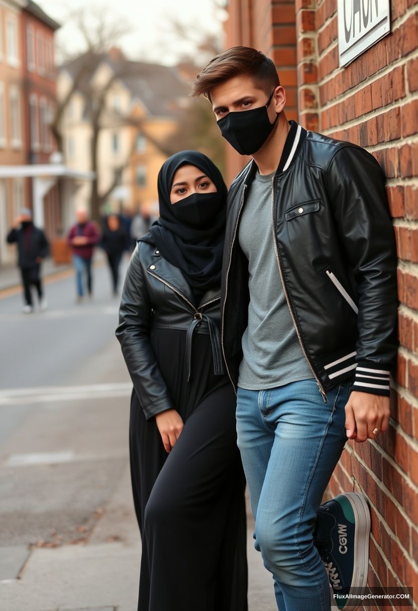 Jamie Dornan, handsome, young, black face mask, collage jacket, jeans, dating a beautiful Muslim girl in a black hijab with beautiful eyes, black face mask, black leather jacket, sneakers, wearing the longest skirt while standing or lying against a brick wall in town, morning scenery, photorealistic, street photography.