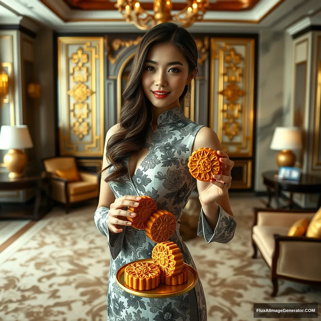 In a luxurious presidential suite, a Chinese model elegantly showcases mooncakes, the traditional delicacies, against a backdrop of opulence, her poised demeanor and the rich cultural heritage of the pastries perfectly captured for a promotional campaign that entices buyers with a blend of modern allure and ancient charm.