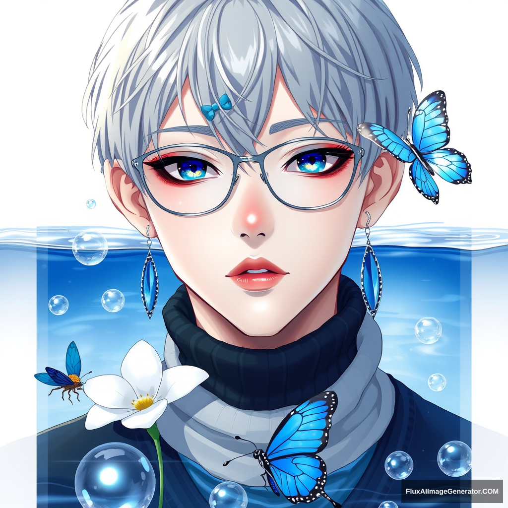 short hair, jewelry, flower, grey hair, male focus, earrings, parted lips, water, sweater, lips, turtleneck, bug, white flower, butterfly, portrait, bubble, blue theme, water drop, turtleneck sweater, blue butterfly, blue-tinted eyewear - Image