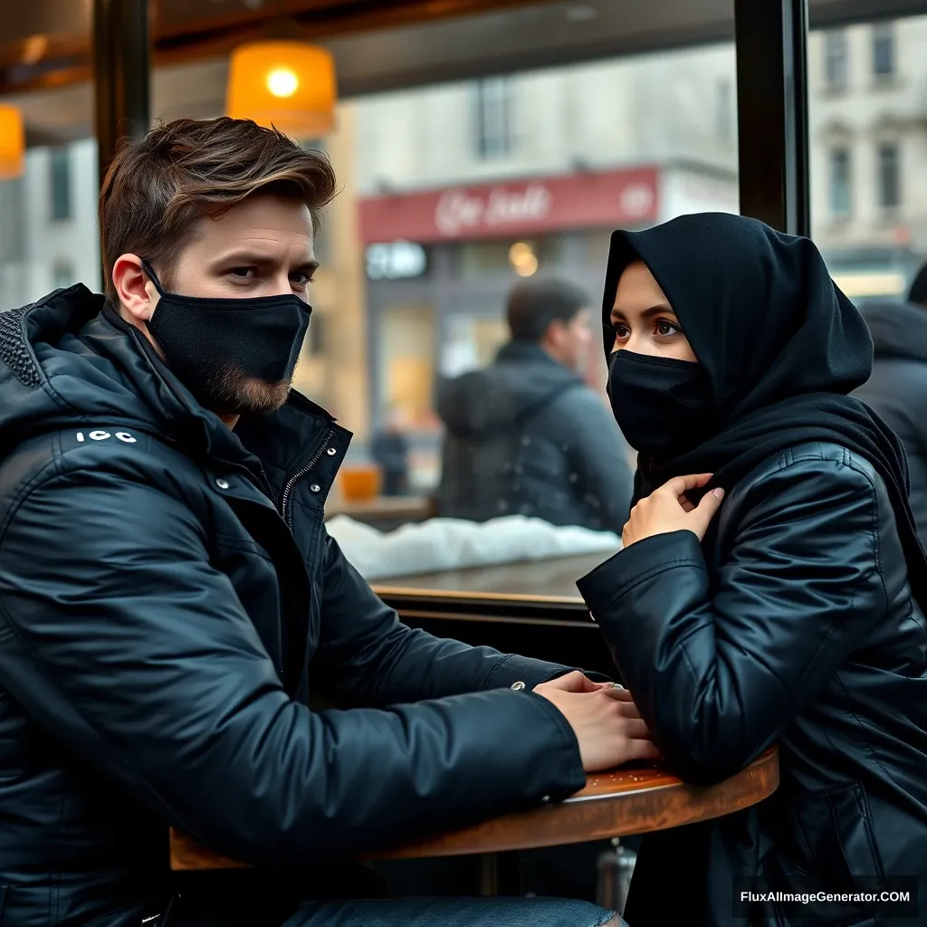 Jamie Dornan, handsome, young, black face mask, snow jacket, jeans, dating a beautiful Muslim girl with a black hijab, beautiful eyes, black face mask, black leather jacket, winter scenery, sitting at a café near a glass window in town, gloomy, photorealistic, street photography.