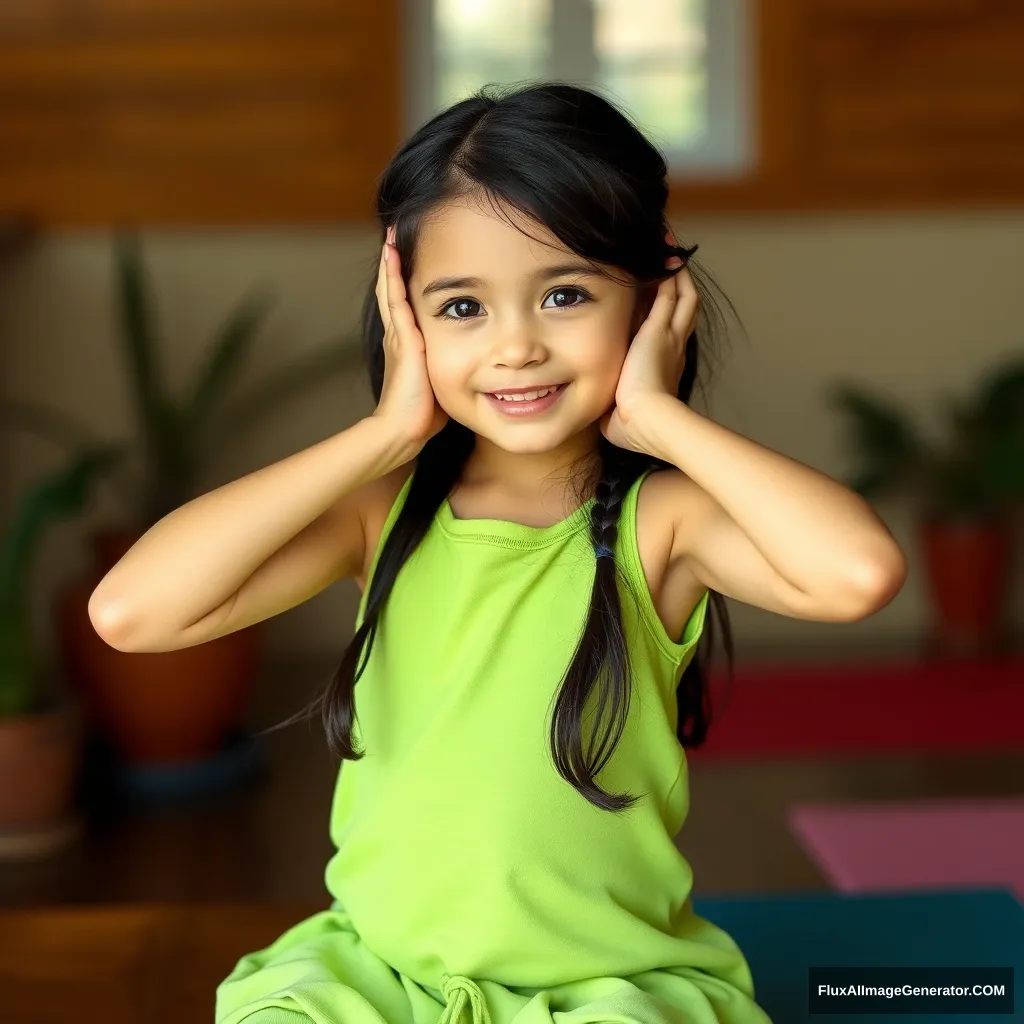 Girl on table, black hair, yoga. - Image