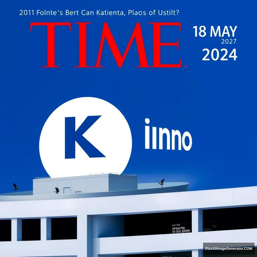 A TIME magazine cover shows a "KainoAI" company, the background is blue, and the top-right corner shows the date 18 May 2024.