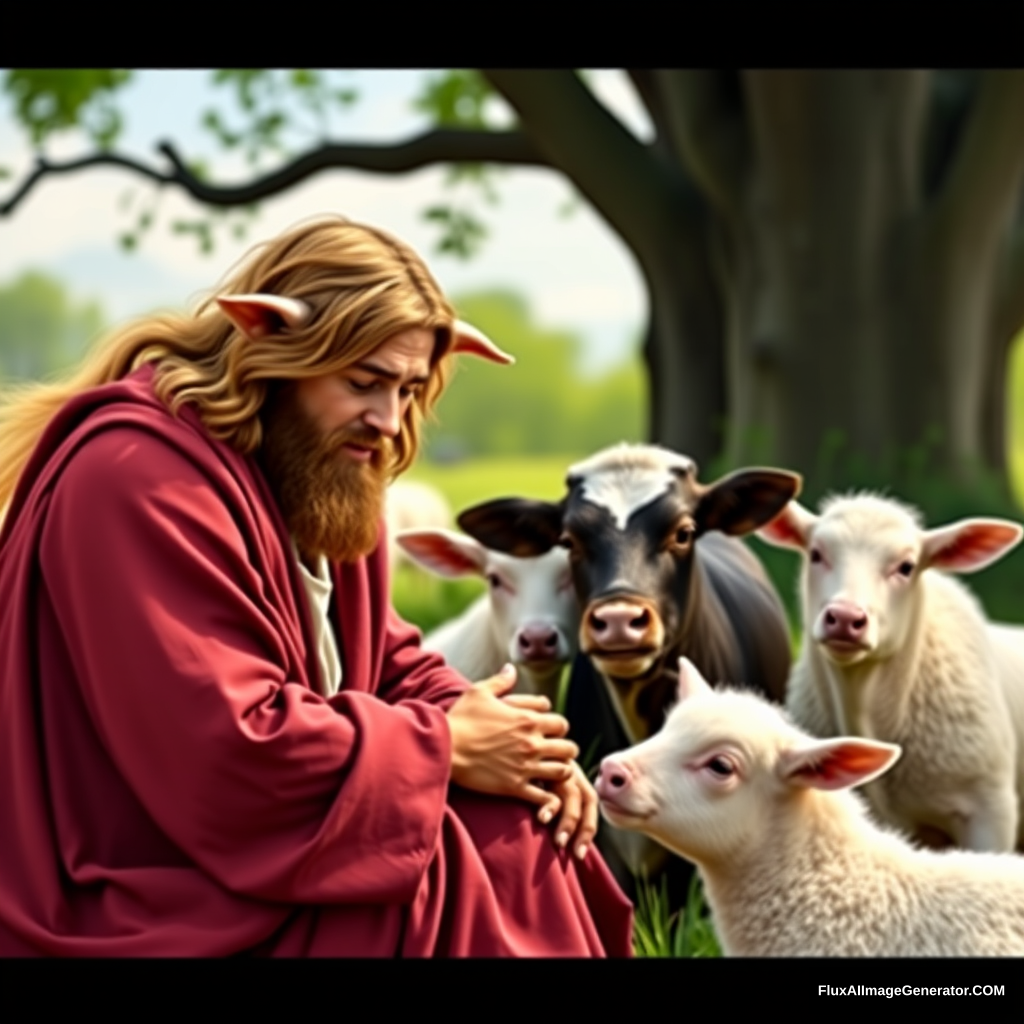 Please create an image of a handsome Jesus loving pigs, cows, and lambs in nature.