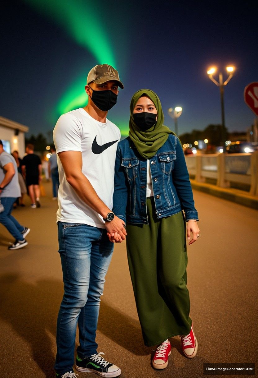 Jamie Dornan, handsome, leather cap, black face mask, white Nike T-shirt, jeans, sneakers, dating romantically with a Muslim girl in a green army Hijab, beautiful eyes, black face mask, jeans jacket, very long skirt, not a tall girl, red sneakers, holding hands, photorealistic, street photography, full photography, selfie photos, night scenery, aurora.