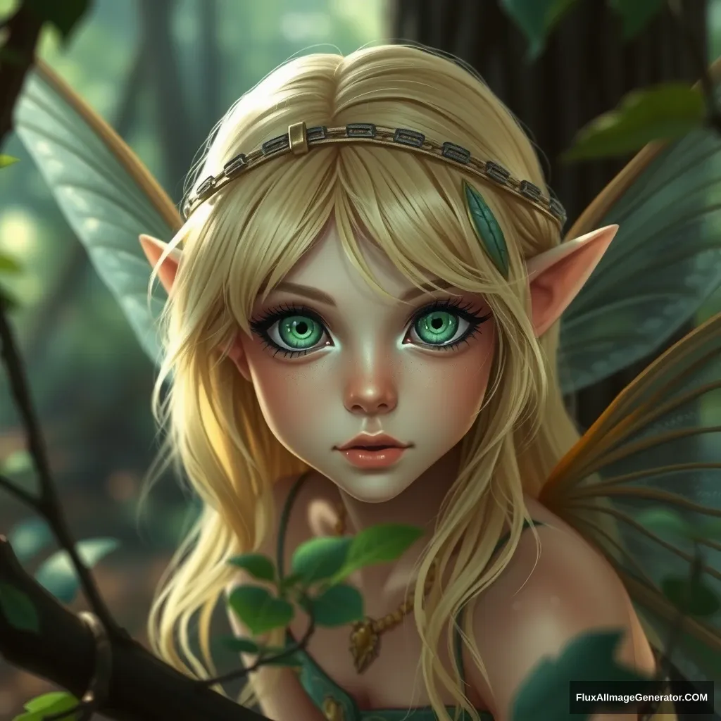 Forest fairy, beautiful, blonde hair and green pupils. - Image