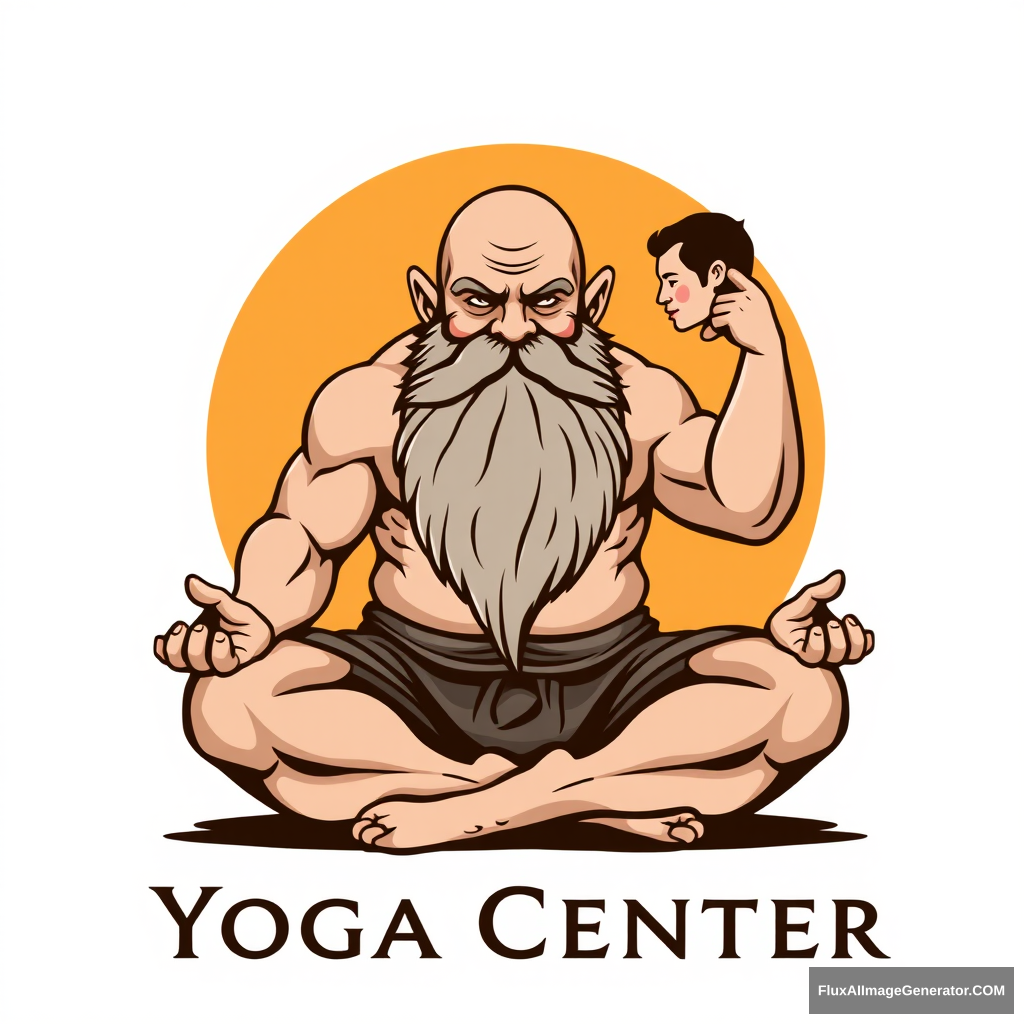 Yoga Center logo: a muscular large bald dwarf in the lotus position with a long beard flirting with a man.