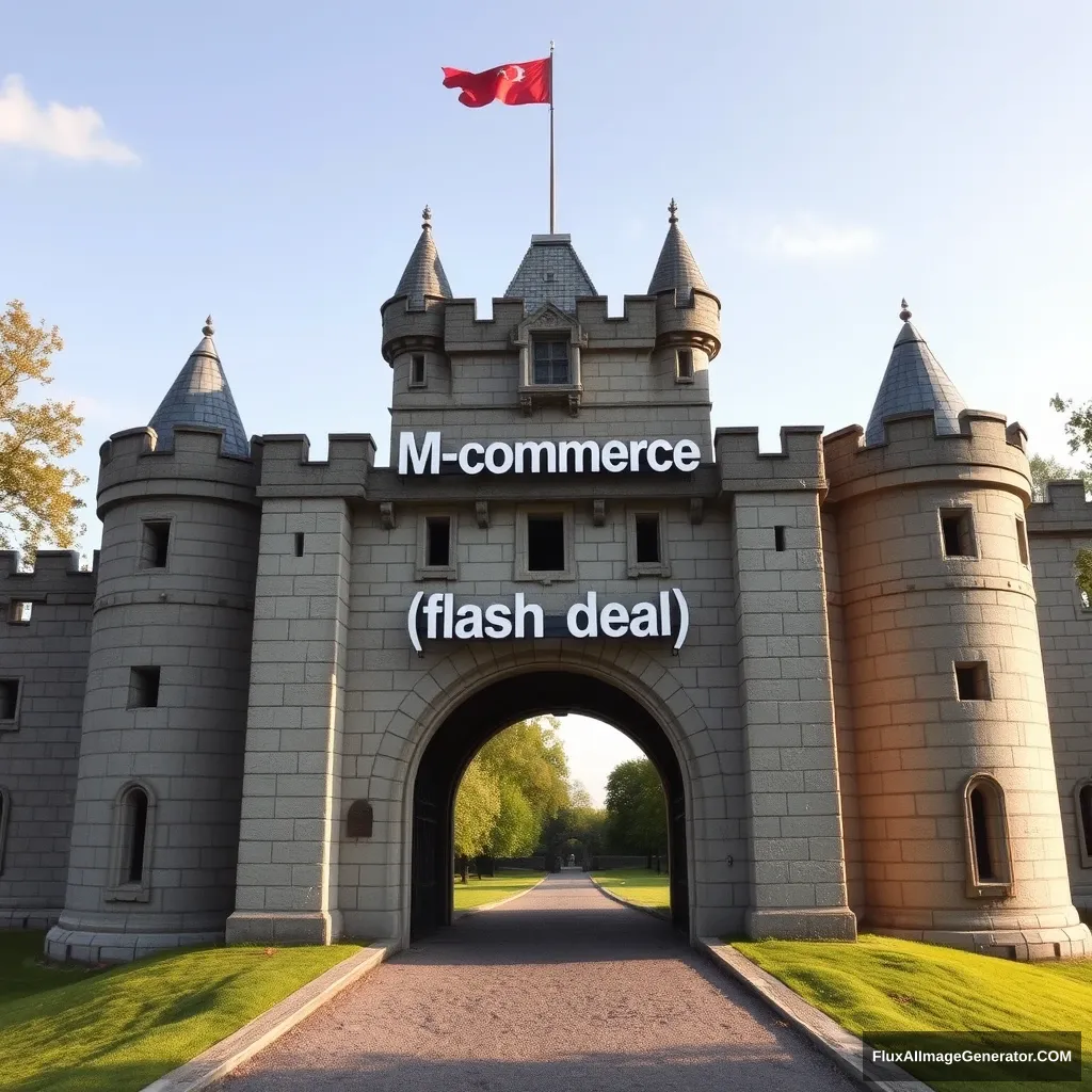 The name of the castle is [M-commerce]. Above the gateway leading into the castle, it says [flash deal]. A concise and iconic picture.