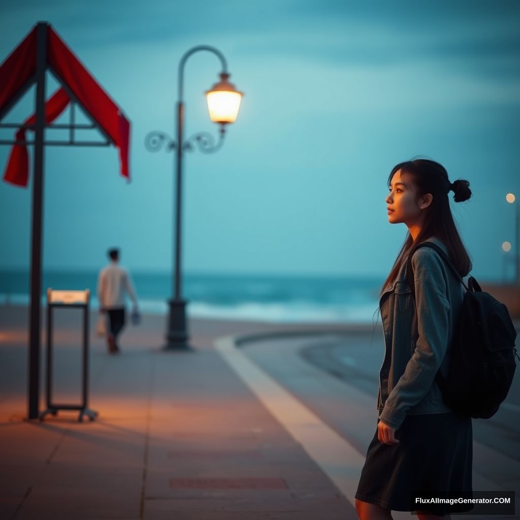 'Female student walking by the seaside, beach, Chinese person, street, girl, evening, street lamp.'