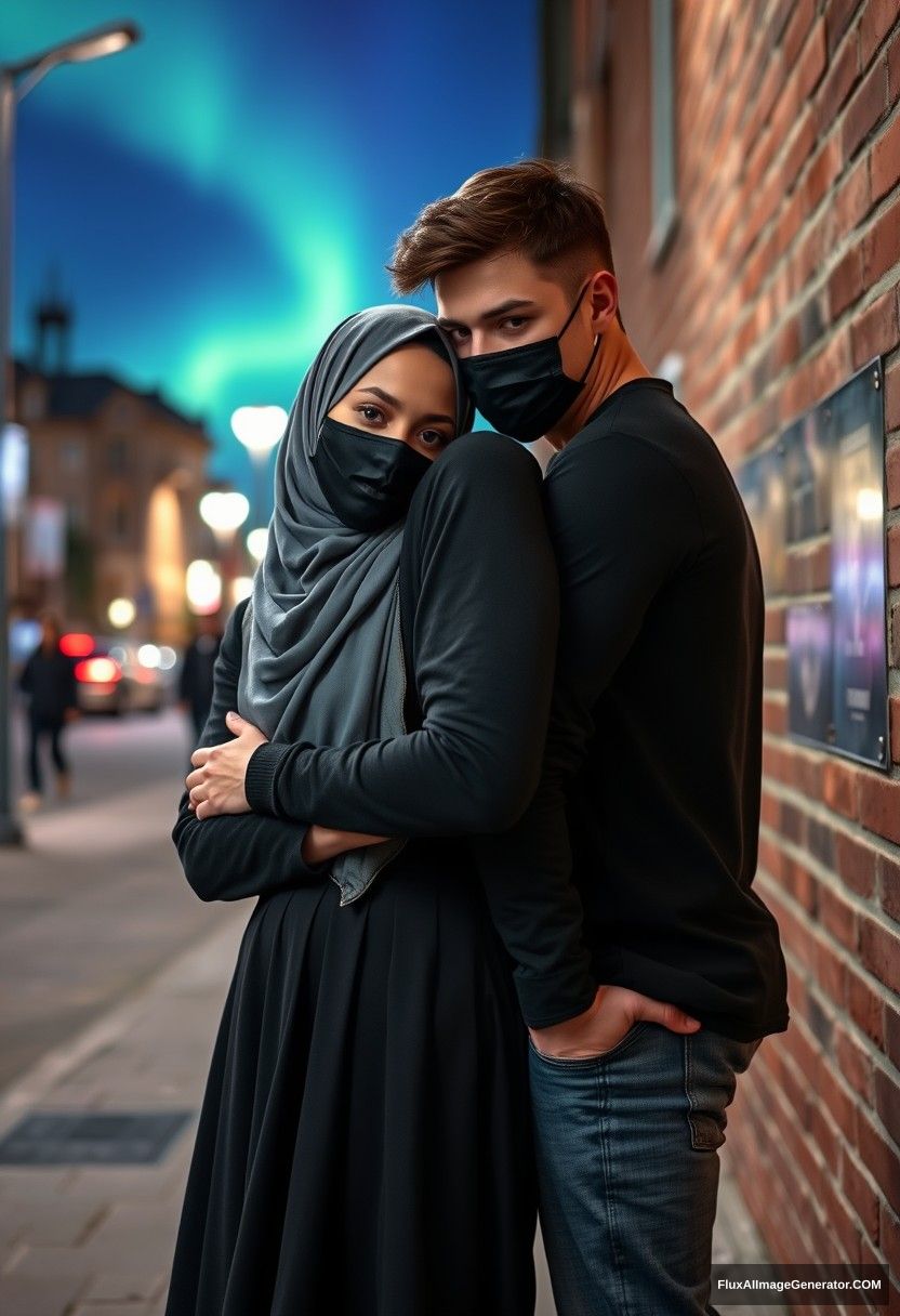 Jamie Dornan, tall, young, wearing a black face mask, a black long-sleeve playboy t-shirt, and jeans, 

dating romantically with a Muslim girl in a grey hijab, beautiful eyes, also wearing a black face mask, a leather jacket, and the longest, biggest skirt, not a tall girl, 

laying her head on his shoulder, hugging him from behind, flirting with him, supporting his back, near a brick wall, in town, photorealistic, street photography, night scenery, aurora borealis. - Image