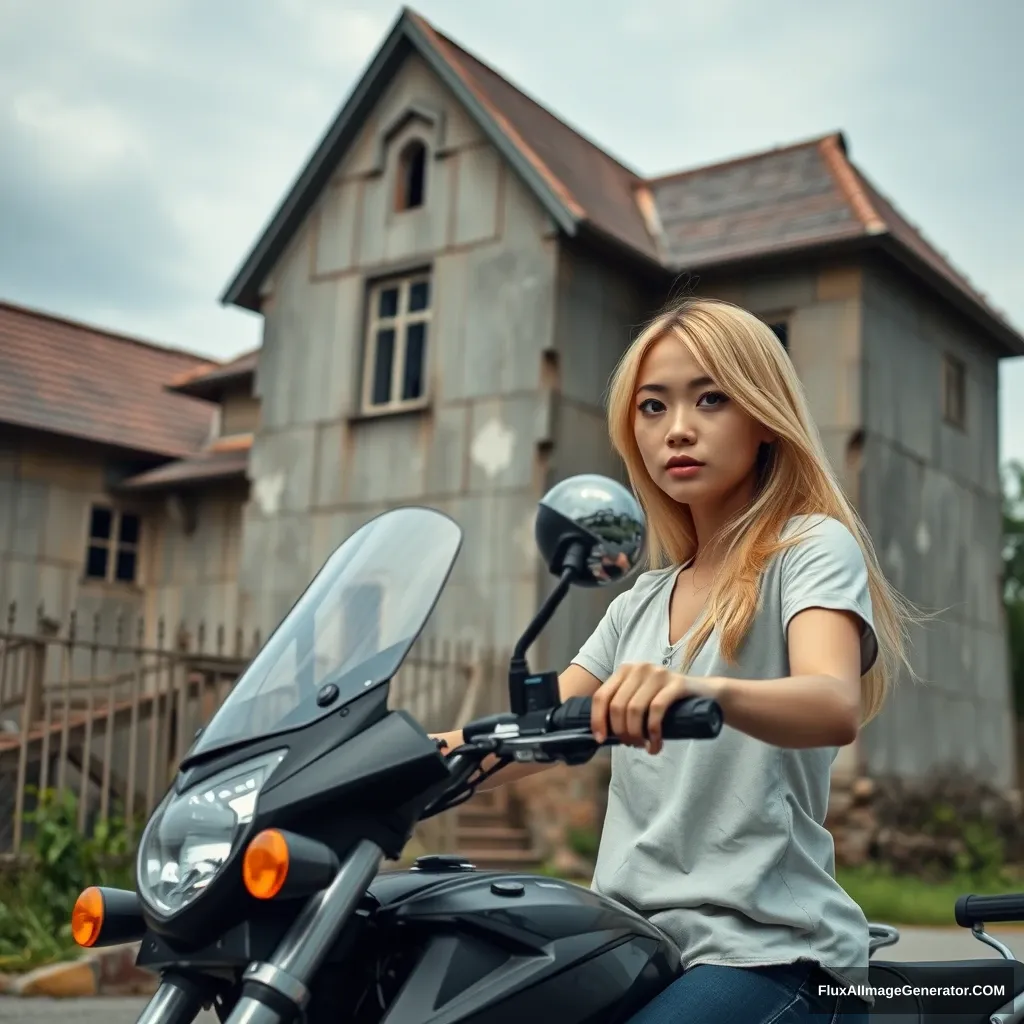 Next to a strange building, there is a young woman with blonde hair and blue eyes riding a motorcycle; she is Japanese.