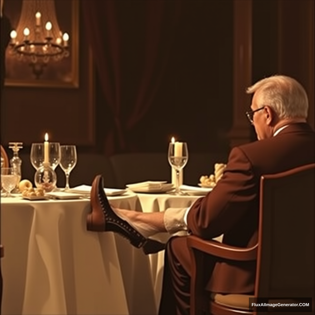 A woman sitting at dinner with a gentleman slides her foot out of her shoe. - Image