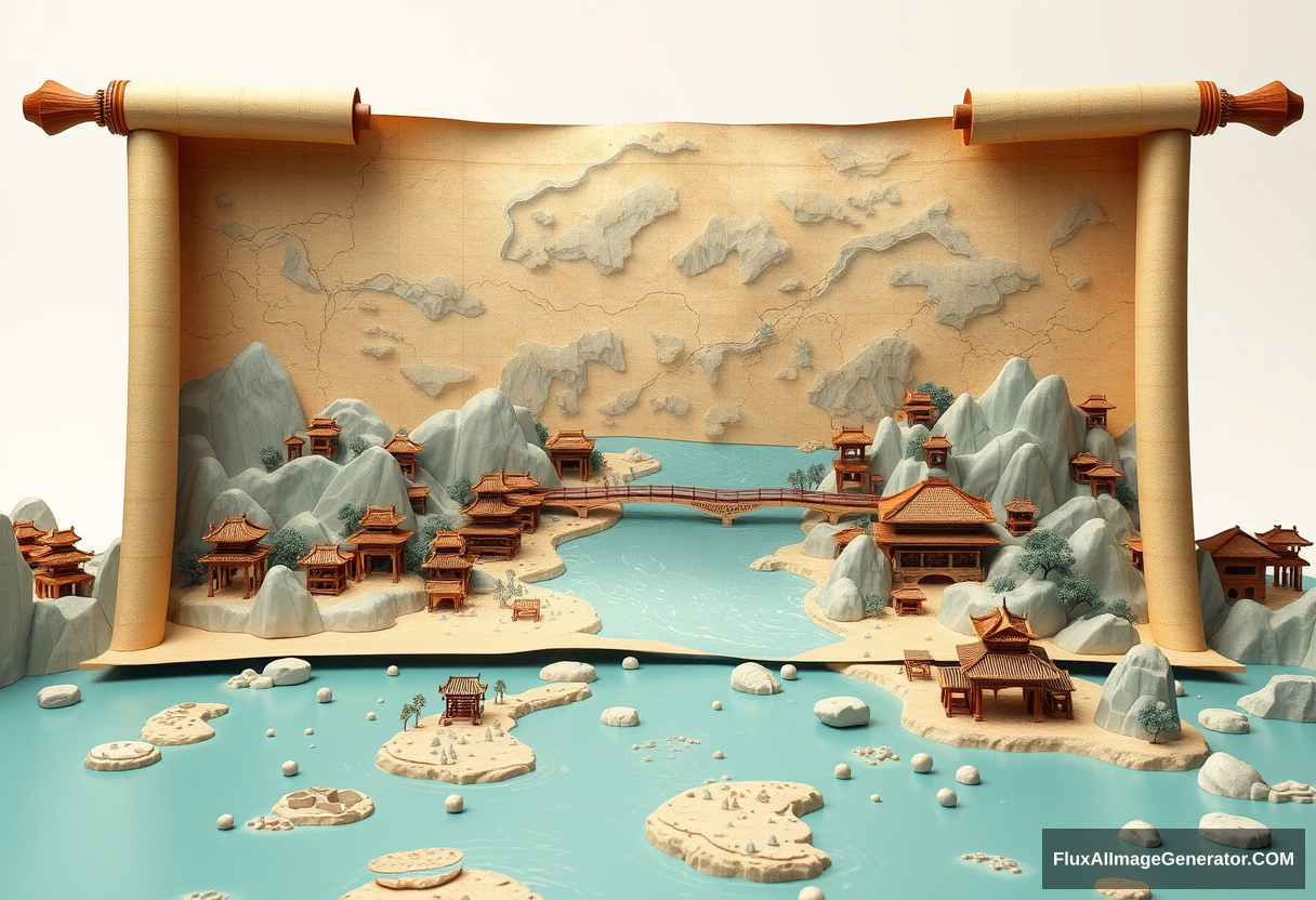 An ancient scroll of "Qingming River Map" is opened, and you can see the unopened end of the scroll, with three-dimensional figures, buildings, rivers, and wooden bridges scattered throughout. The colors are in cyan and light beige tones, rich in an ancient atmosphere. The material is paper, featuring 3D art, C4D, a light background color, excellent picture quality, fine details, 3D rendering, and a super wide-angle lens.