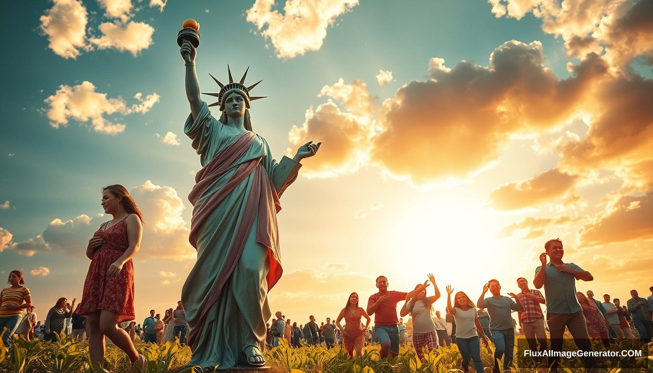 A powerful and inspiring image depicting the concept of freedom and food sovereignty. In the foreground, a goddess symbolizing liberty leads the people towards a bright future, reminiscent of the iconic painting 'Liberty Leading the People.' The lady appears mostly human, with only about 10% of her body showing robotic elements. She is surrounded by families and individuals who are joyous and supportive, embracing and helping each other. The scene is vibrant and full of hope, capturing the essence of unity, progress, and decentralized, family-based agricultural production.