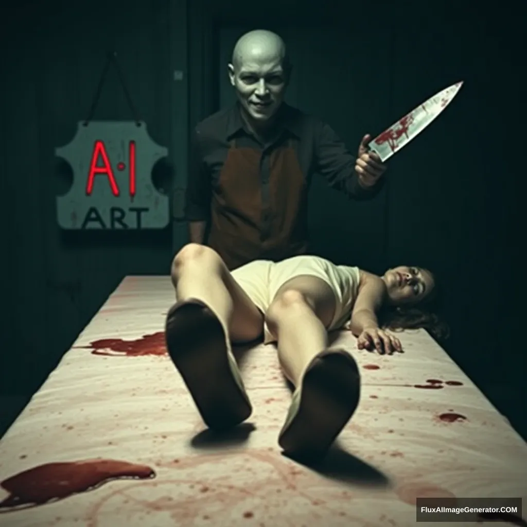 A woman lay on the butcher table, shoes on, at night, neo. There is a sign that says: "AI ART," a horrible butcher with a mask standing behind in the dark with a bloody butcher's knife in hand. - Image