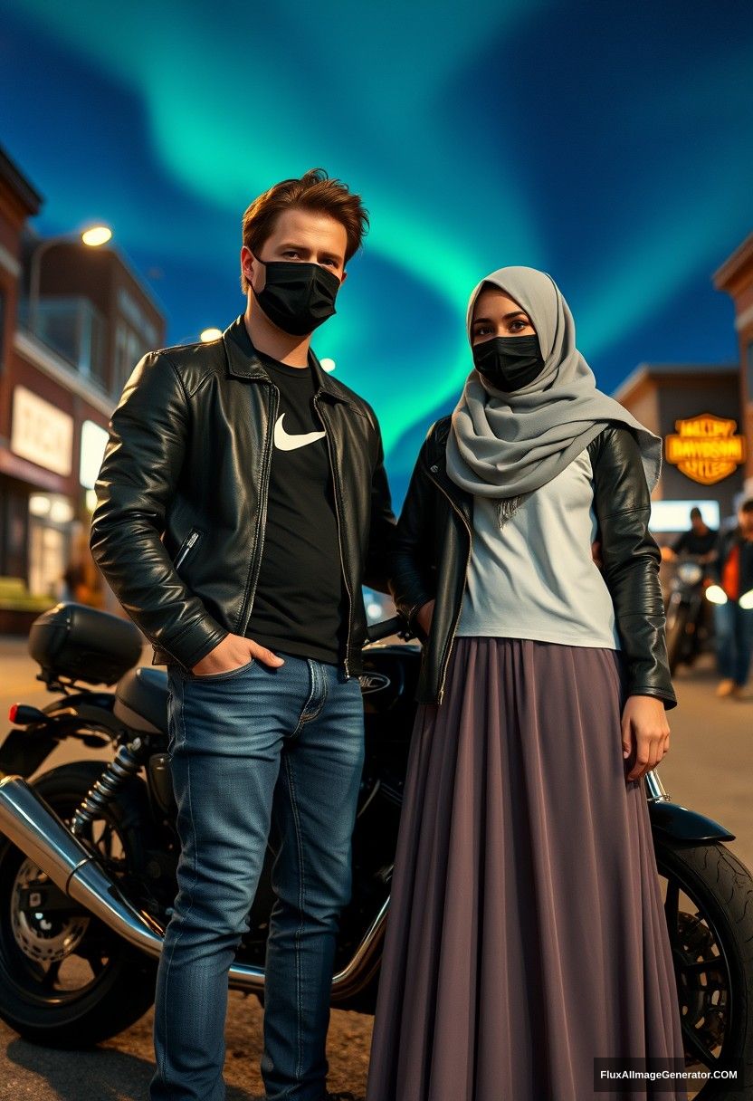 Jamie Dornan, tall and young, wearing a black face mask, a white Nike T-shirt, and jeans, is dating a beautiful Muslim girl in a grey hijab with beautiful eyes. She wears a black face mask, a leather jacket, and an extremely long and large skirt; she is not very tall. They are standing near a Harley Davidson motorbike for a photo shoot in town, in a photorealistic style, with street photography at night, featuring the aurora borealis.