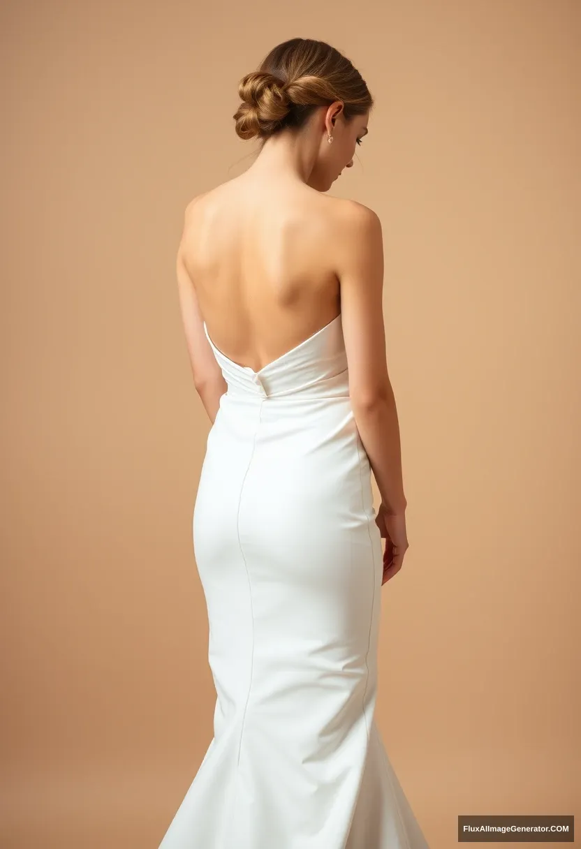 A short young woman, sensitive, delicate, ashamed, wearing a backless, strapless, side-less, low-waisted, open-back contouring wedding dress with a top that is too loose and seems like it's spilling, in front of patriarchy and expectations.