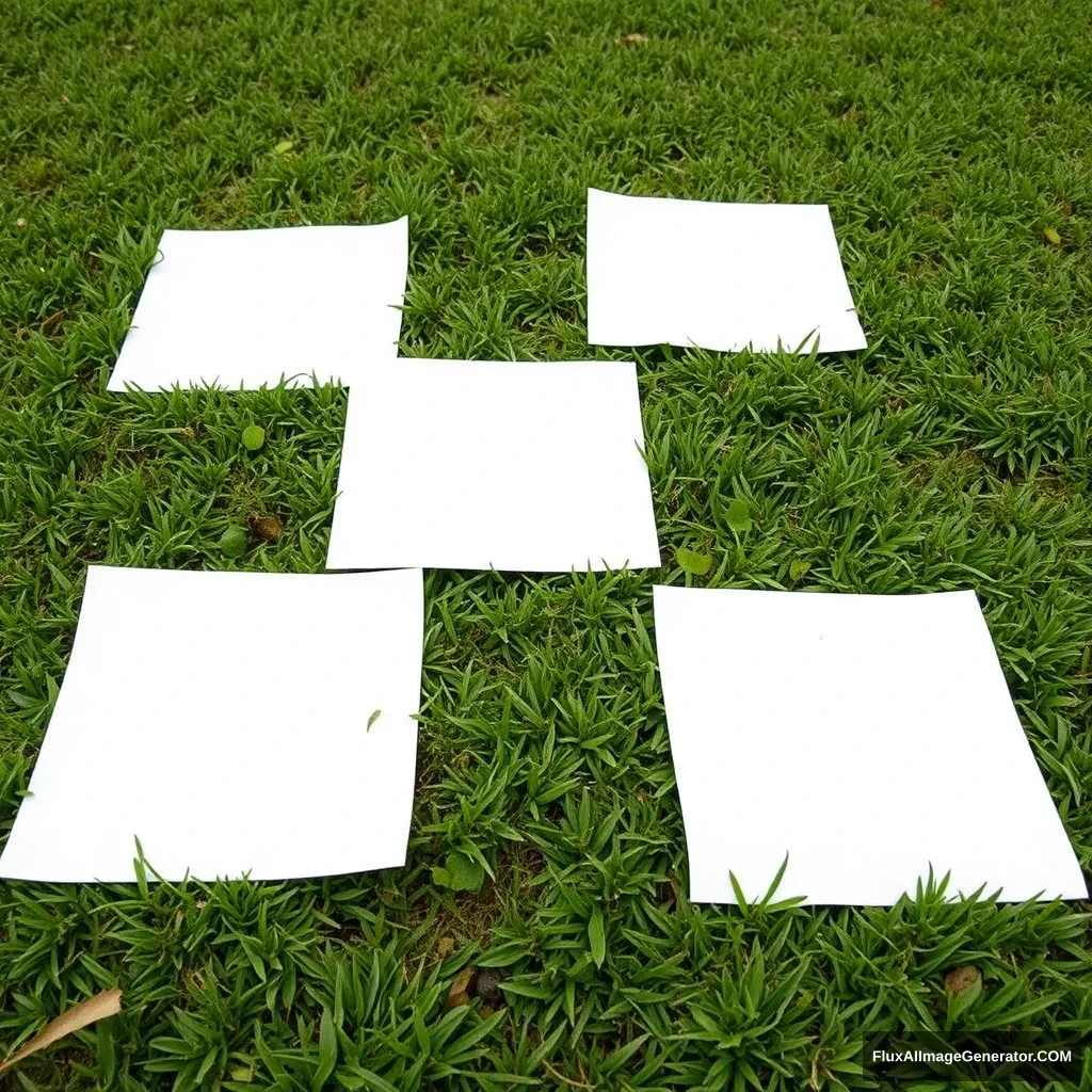 Five white square papers cover the grass.