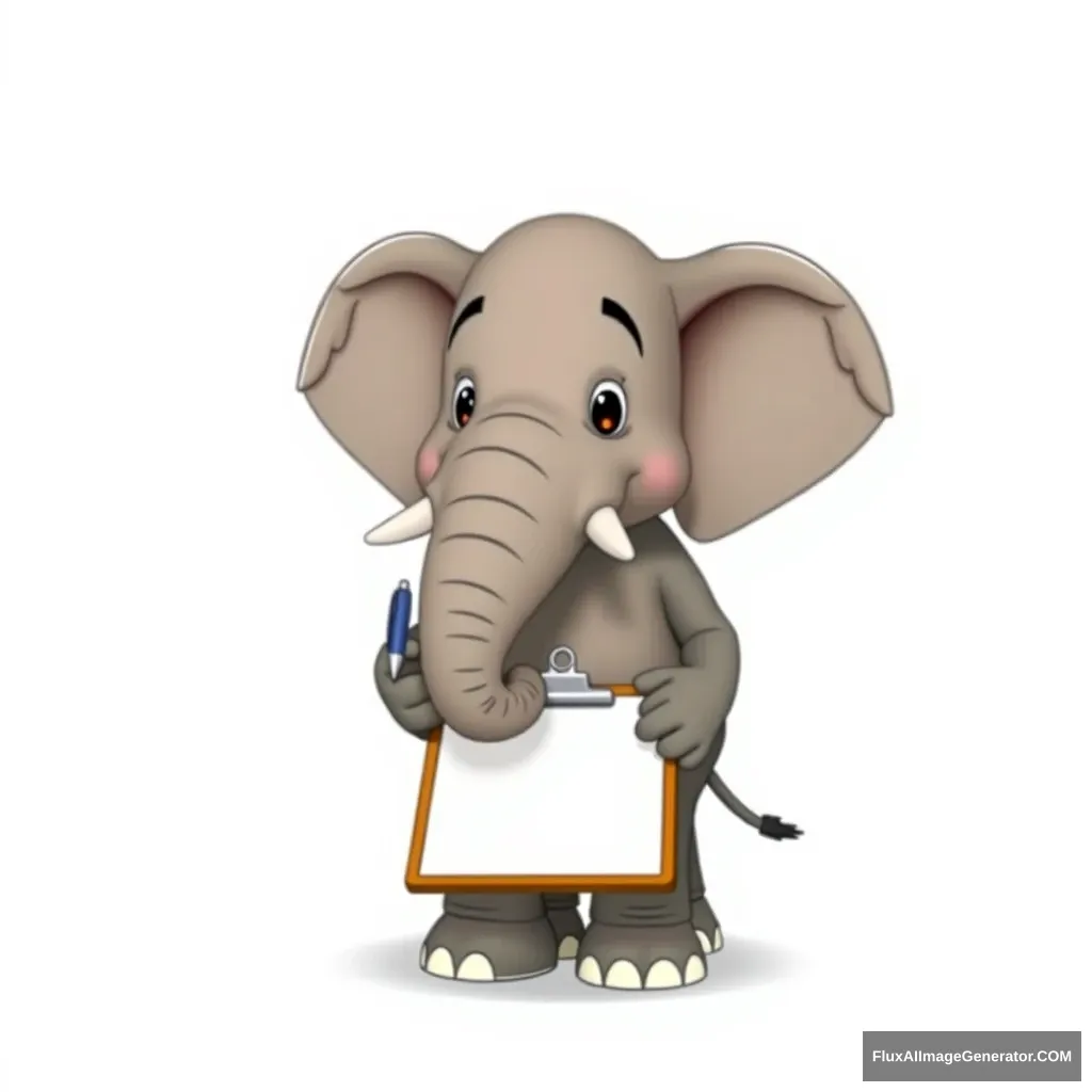 Create a photo: An elephant stands against a white background and holds a pen in its trunk, writing on a clipboard.