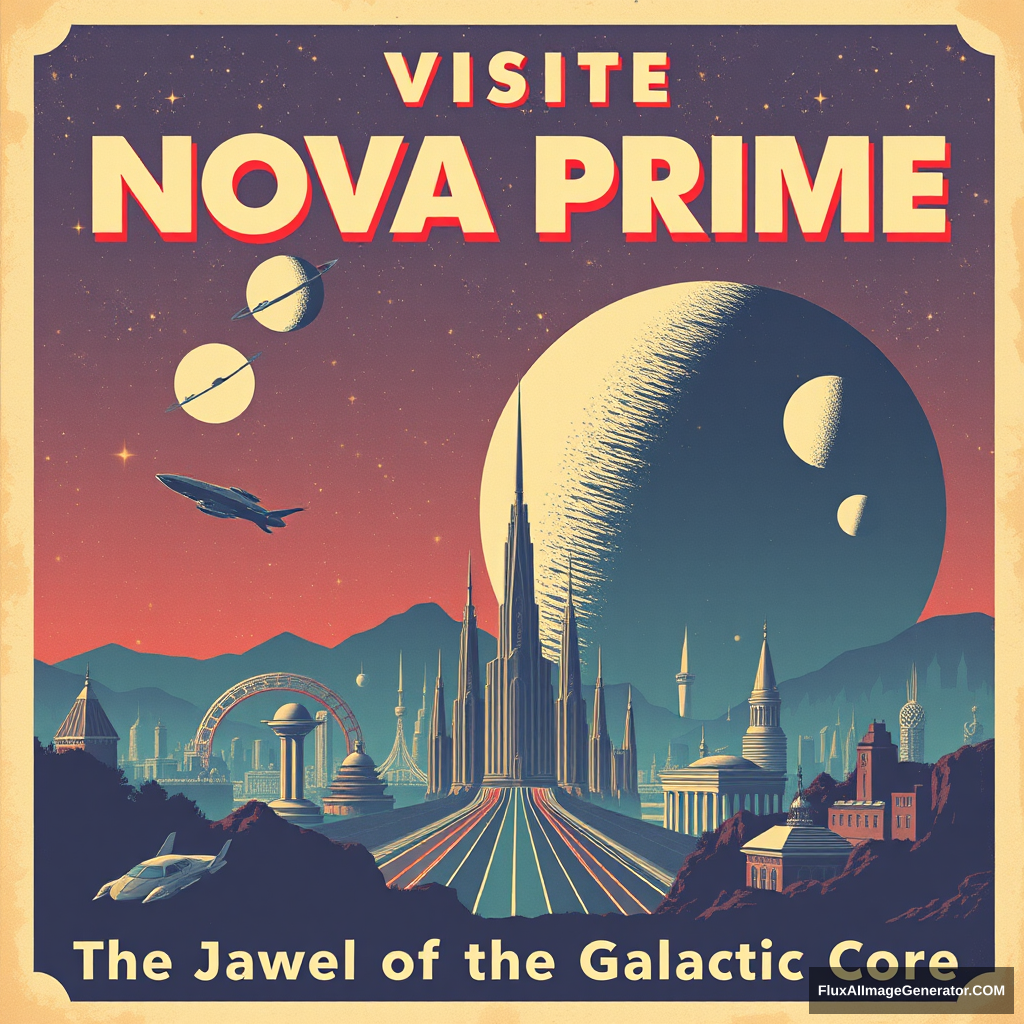 A vintage-style travel poster for a fictional planet. The poster features a retro-futuristic cityscape with flying cars and towering spires against a starry sky with multiple moons. In bold, stylized letters at the top, the text reads 'VISIT NOVA PRIME' and at the bottom in smaller text 'The Jewel of the Galactic Core'. - Image