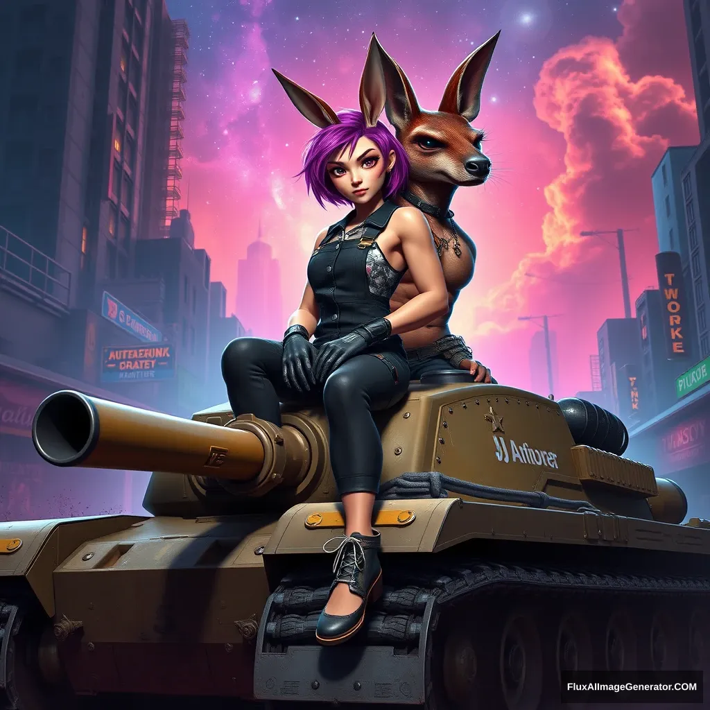 3D render. A bodybuilder muscled Kangaroo-man and his tank girl, good anatomy, Digital painting, punk-rock theme, a bright punk rock illustration depicting a tank girl, sitting on a large battle tank, with her anamorphic kangaroo man, a rebel with bright purple hair, wearing a dark punk sleeveless overall and a patterned undershirt, eyes sparkling with the precision of the golden ratio, amid a mystical cosmic cityscape with signs of urban decay, feminine prowess and youthful charm highlighted in a luminescent color palette, created in Unreal Engine 5, sharp focus, vibrant color.