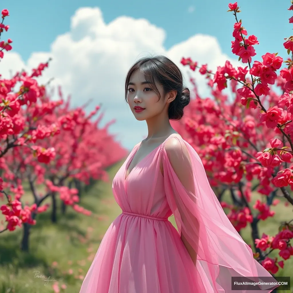 A girl wearing a transparent pink chiffon dress, in a red cherry orchard, with blue sky and white clouds, a solid color background, Picas style, 3D rendering, natural light, high-definition picture quality, 8K, -- niji 6