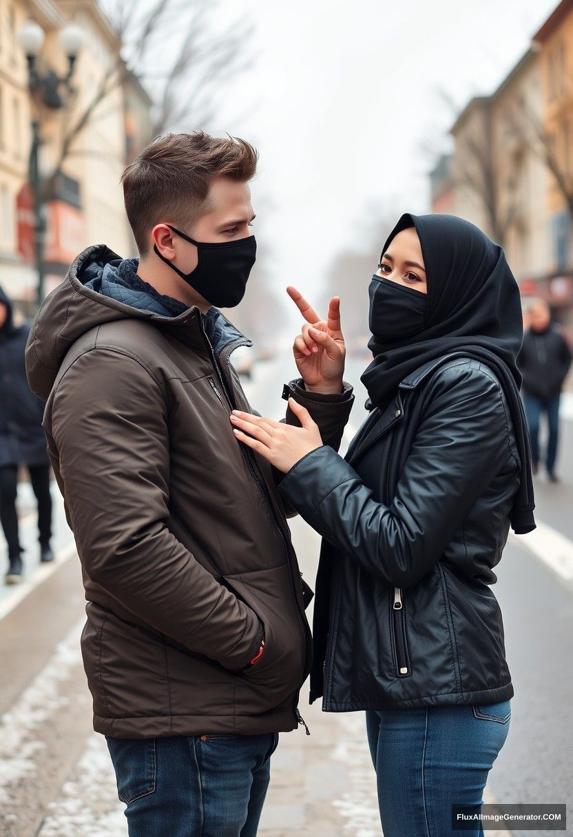 Jamie Dornan, handsome, young, wearing a black face mask, snow jacket, and jeans, dating a beautiful Muslim girl in a black hijab, with lovely eyes, also wearing a black face mask and black leather jacket, in a winter scenery, standing together near the road in town, pinching each other’s cheeks, photorealistic, street photography. - Image