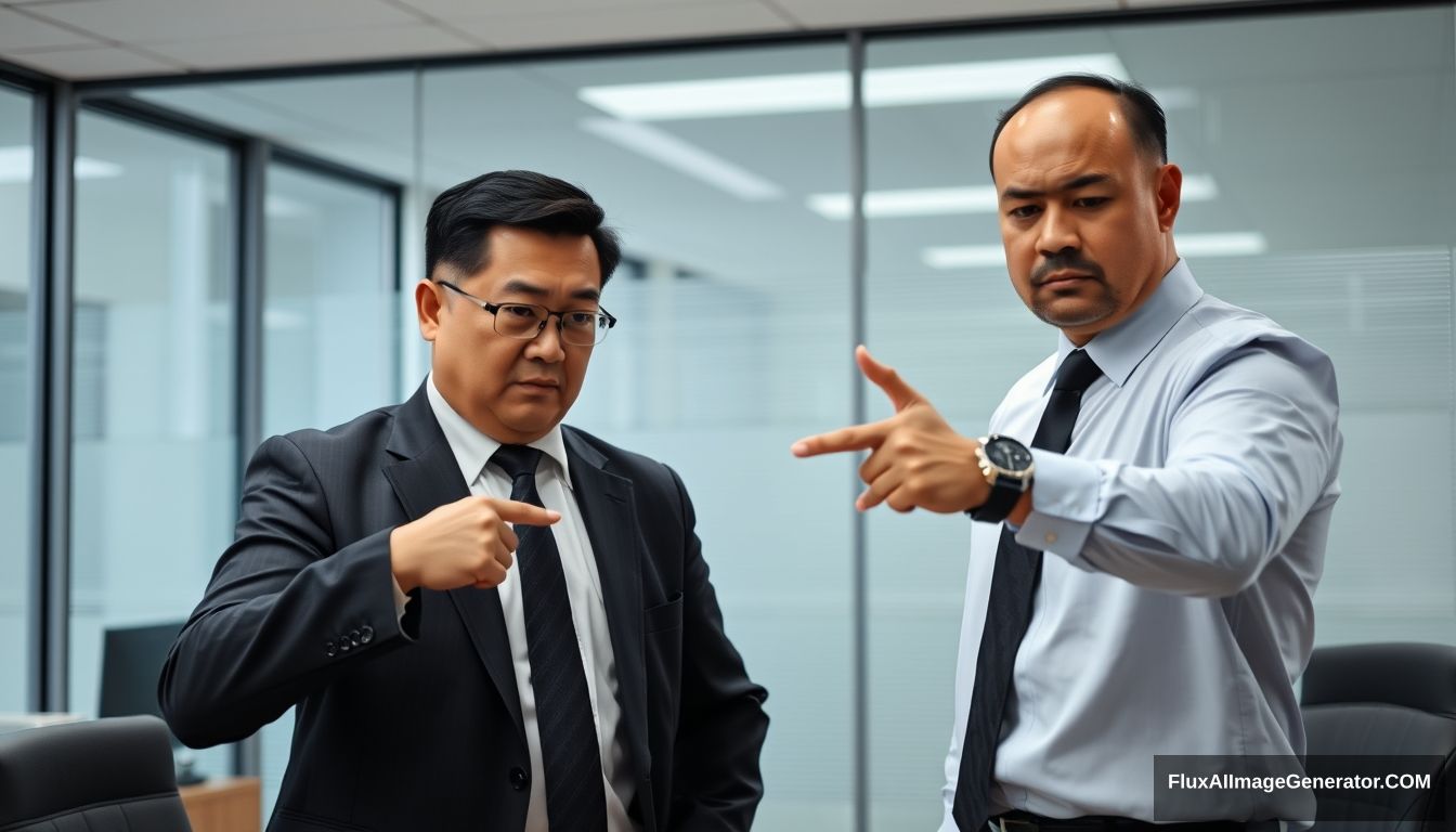 This is an office scene. There is a man in a black suit on the left side of the screen. His name is Paul, an Asian. Paul is very angry. He smacks his hand and points to the right at another man wearing a white shirt and a black tie. His name is Ivan, also an Asian. Ivan's opponent made a blocking gesture and had a disgusted facial expression. - Image