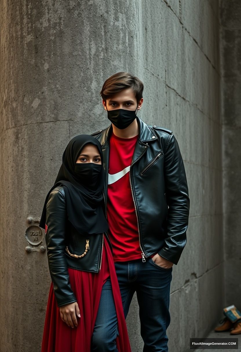 A biggest black hijab girl, beautiful eyes, face mask black, black leather jacket, biggest red longest dress, untall, standing near him,

Jamie Dornan, handsome, youngest, face mask black, fit and tough body, Nike red t-shirt, black leather jacket, jeans, tall man, laying at wall,

Hyper realistic, photorealistic, studio photography, Victoria's abandoned castle, gloomy. - Image