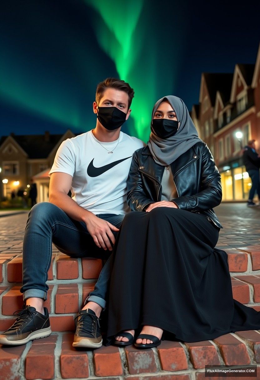 Jamie Dornan, tall, handsome, wearing a black face mask, a white Nike t-shirt, and jeans, is dating a beautiful Muslim girl in a grey hijab with lovely eyes, also wearing a black face mask and a leather jacket, along with a very long and large skirt; she is not tall.

They are sitting on brick steps in the town, captured in photorealistic street photography, with selfies taken at night featuring an aurora borealis. - Image